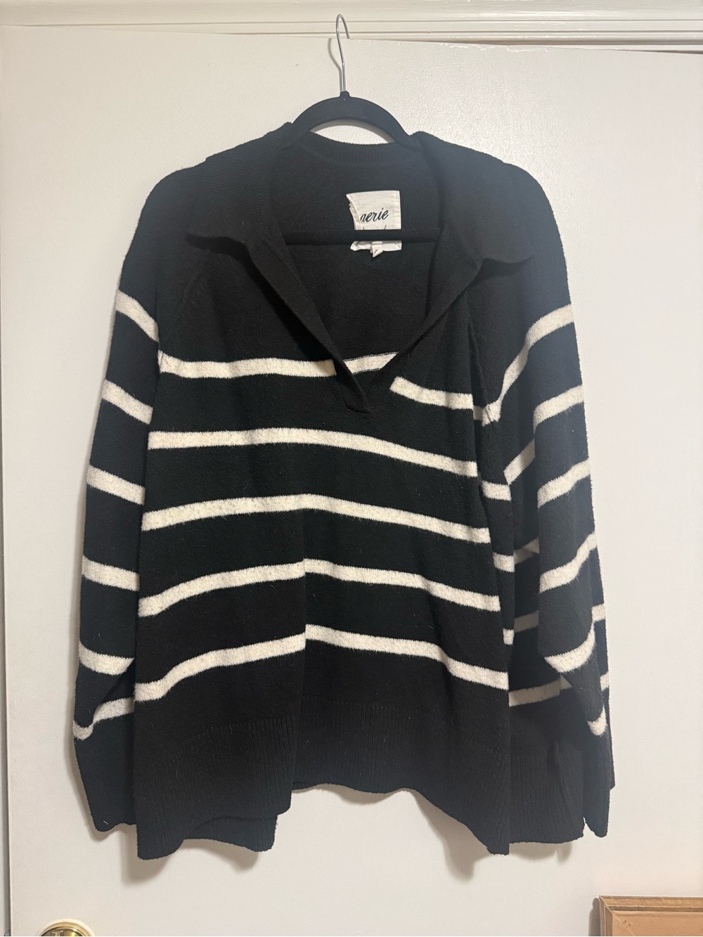 aerie Black and White Striped V-Neck Collared Sweater